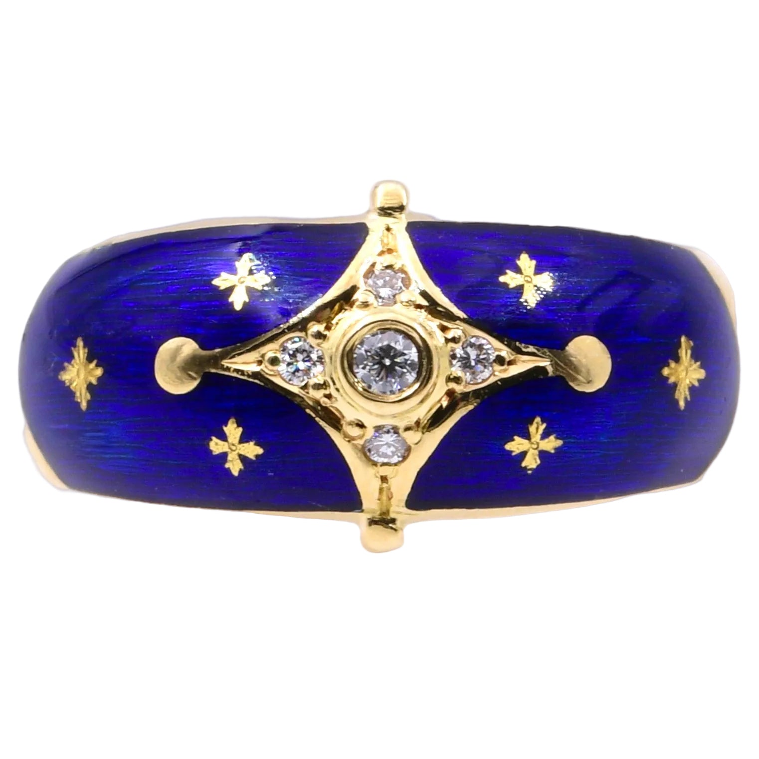 Fabergé Ring von Victor Mayer mit blauer Emaille in 750er / 18 Kt. GG Gr.: 54
