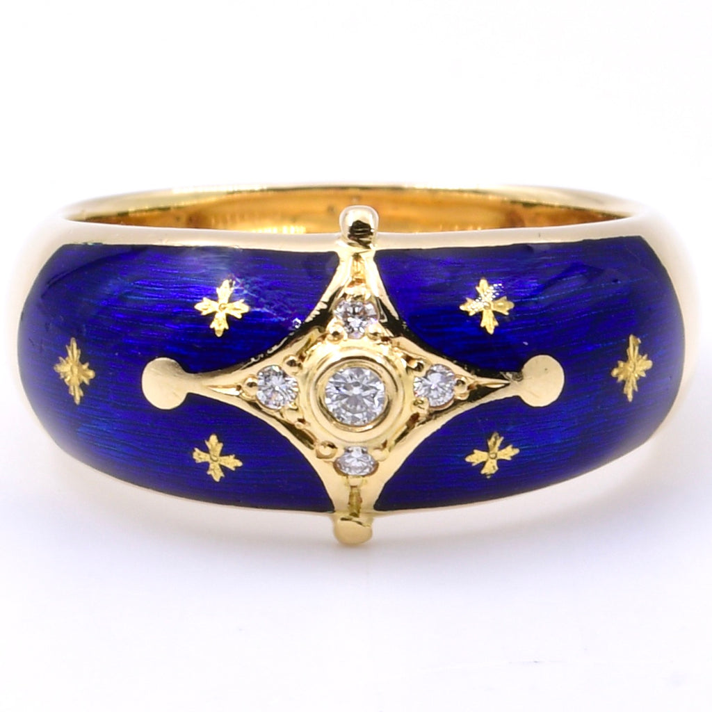 Fabergé Ring von Victor Mayer mit blauer Emaille in 750er / 18 Kt. GG Gr.: 54