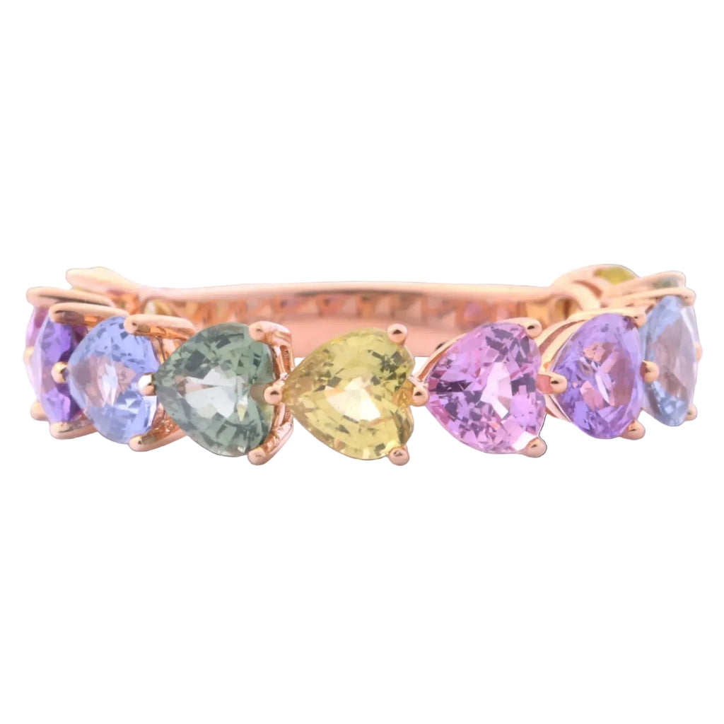 Rainbow Ring mit pastellfarbenen Saphiren im Herzschliff aus 18 Kt. RG Gr.: 54