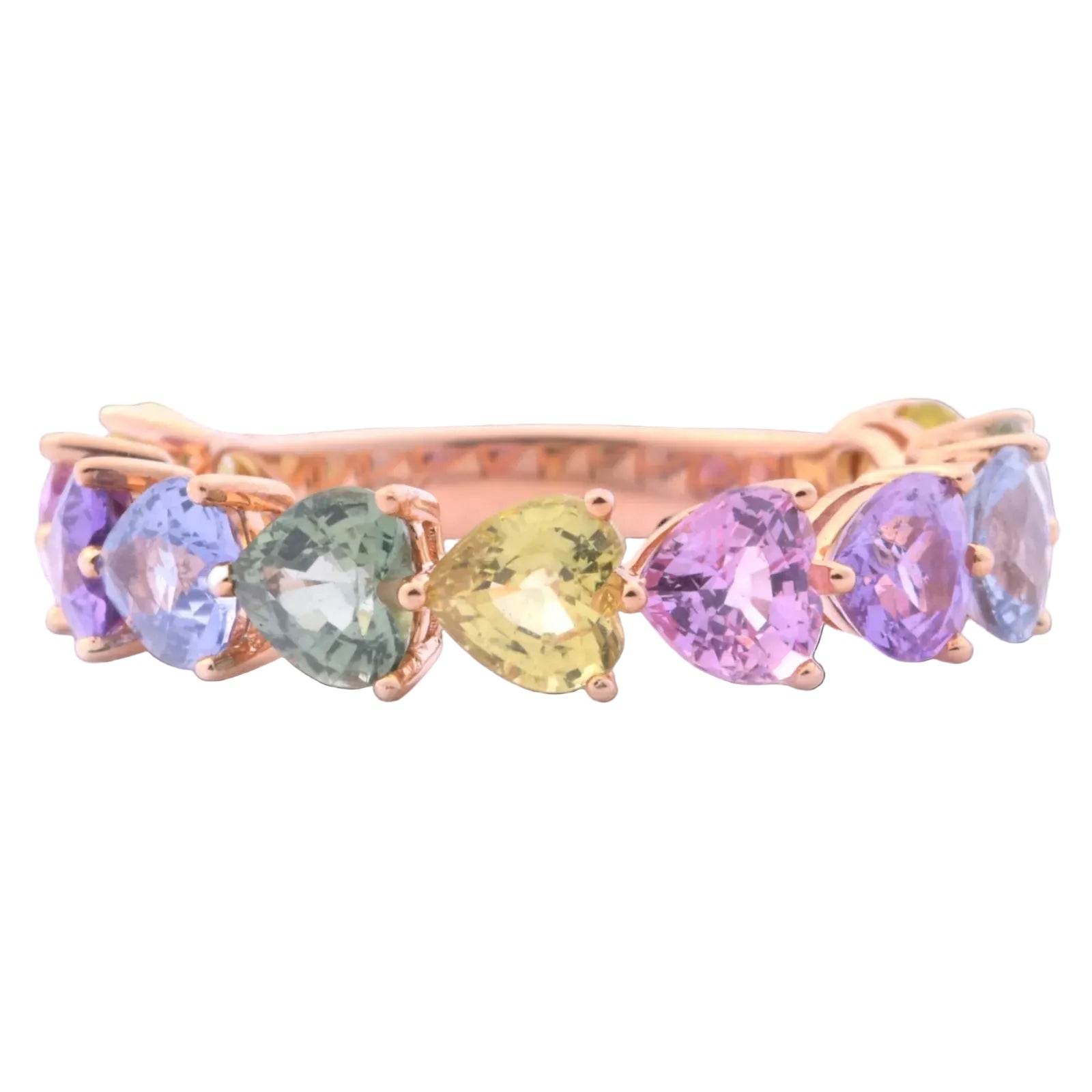 Rainbow Ring mit pastellfarbenen Saphiren im Herzschliff aus 18 Kt. RG Gr.: 54