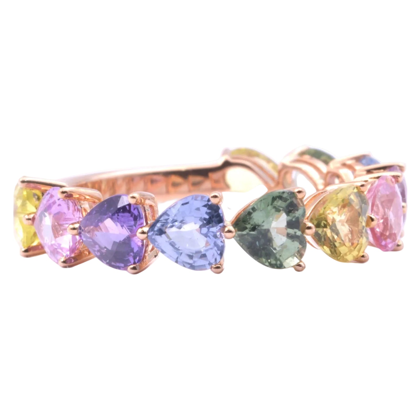 Rainbow Ring mit pastellfarbenen Saphiren im Herzschliff aus 18 Kt. RG Gr.: 54