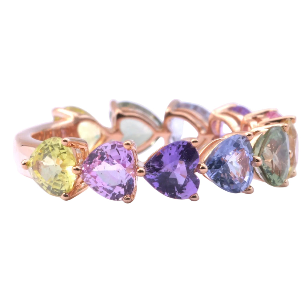 Rainbow Ring mit pastellfarbenen Saphiren im Herzschliff aus 18 Kt. RG Gr.: 54
