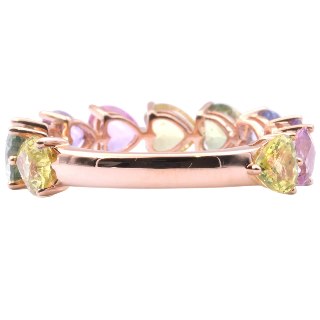 Rainbow Ring mit pastellfarbenen Saphiren im Herzschliff aus 18 Kt. RG Gr.: 54