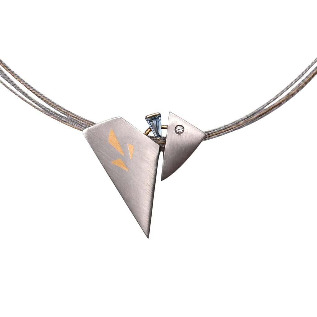Goldschmiede-Handarbeit Collier mit Diamant & Aquamarin 585 GG / 950 PT L: 45cm